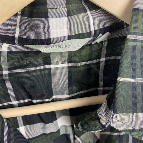 Athleta Button Down Plaid Top Green Black Sz S - Picture 4 of 5